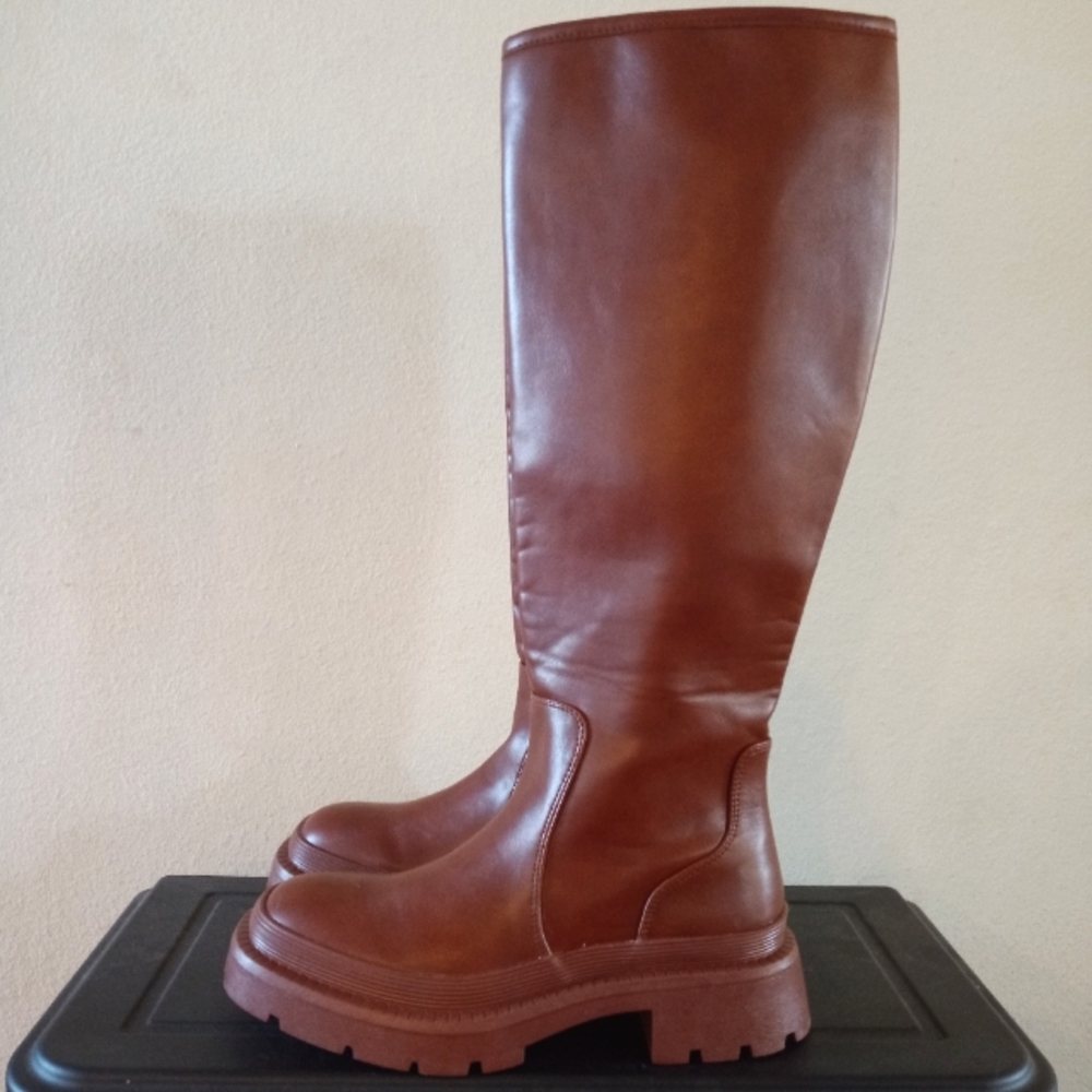 Cognac brown lug sole knee high boots